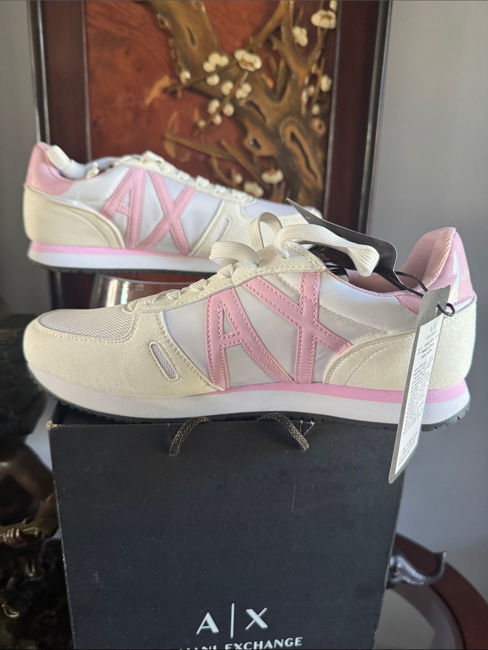 Armani Exchange Women's White & Pink AX Logo Sneakers